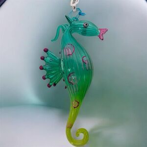 Pier 1 Blown Glass Seahorse Ornament Aqua Green Pink Glitter 7” Coastal Decor